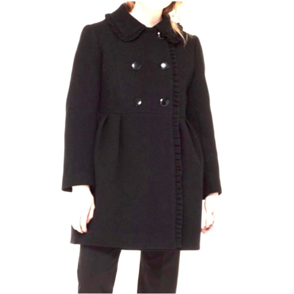 Kate Spade Wool Coat Ruffle Trim Bow Back Peacoat Black Women's Size 6